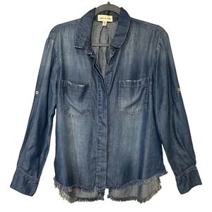 Anthropologie Cloth & Stone‎ Denim Shirt Blue Medium Frayed Hem Button Down